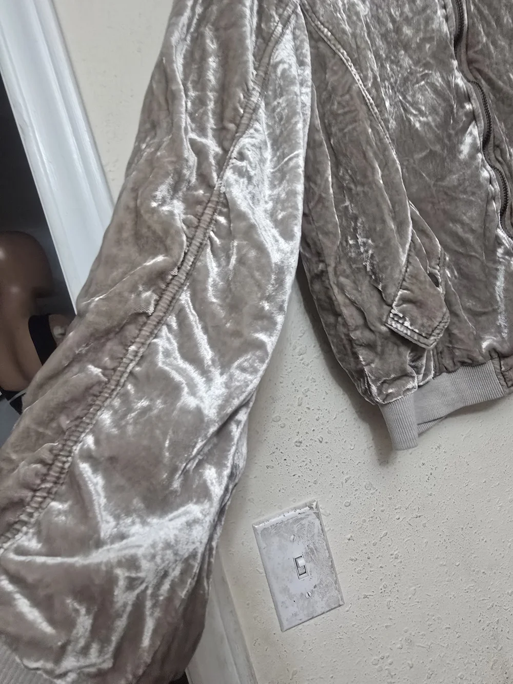 Free People Shimmer Velvet Bomber Jacket in Taupe